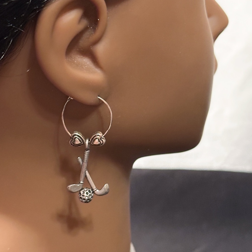 Vintage Silver Mini Hoops Beaded Beads Hearts Dangling Drop Golf Club Earrings